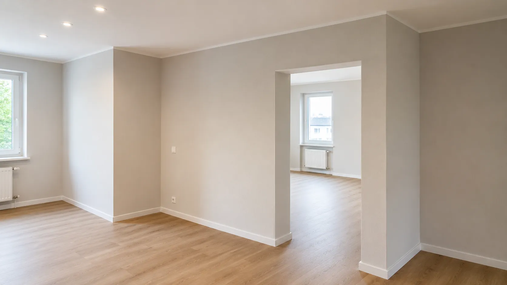 Fertig ausgebauter Innenraum mit sauberen Wand- und Bodenflaechen
